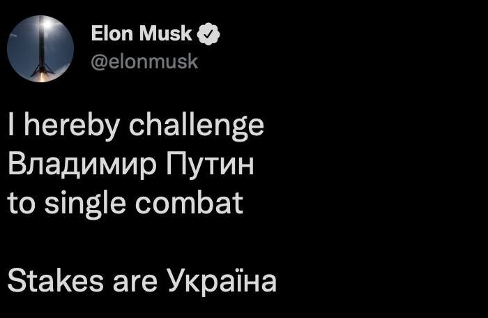 Por Ucrania, Elon Musk reta a combate a Putin